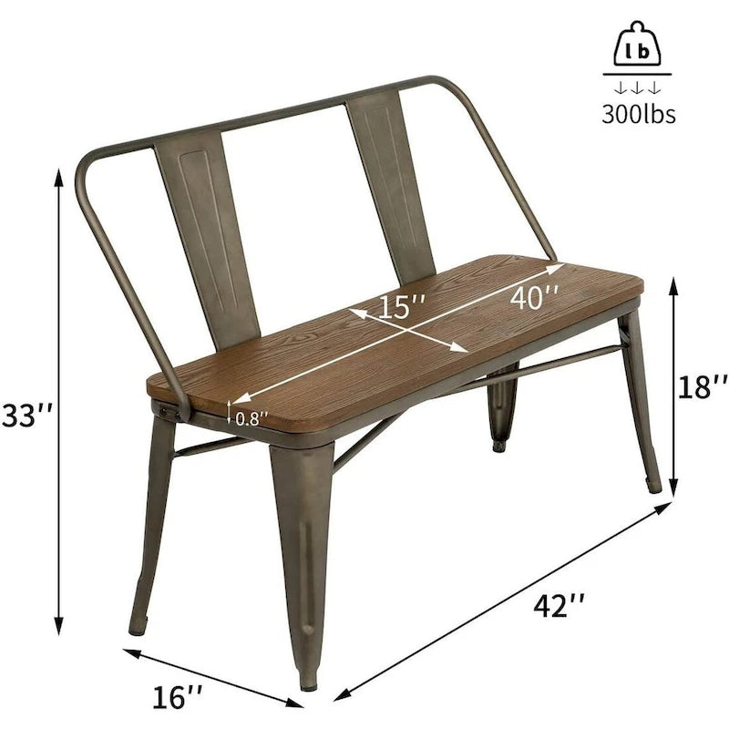 Banc de salle à manger, banc d'entrée avec dossier, banc de salle à manger en métal style ferme, banc 3 places style industriel milieu du siècle, assise en bois