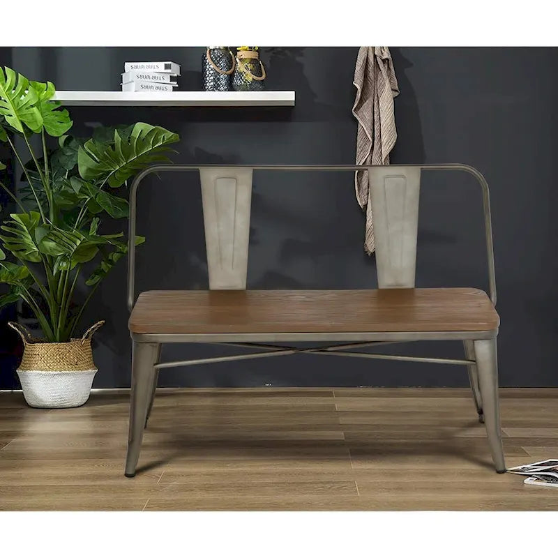 Banc de salle à manger, banc d'entrée avec dossier, banc de salle à manger en métal style ferme, banc 3 places style industriel milieu du siècle, assise en bois