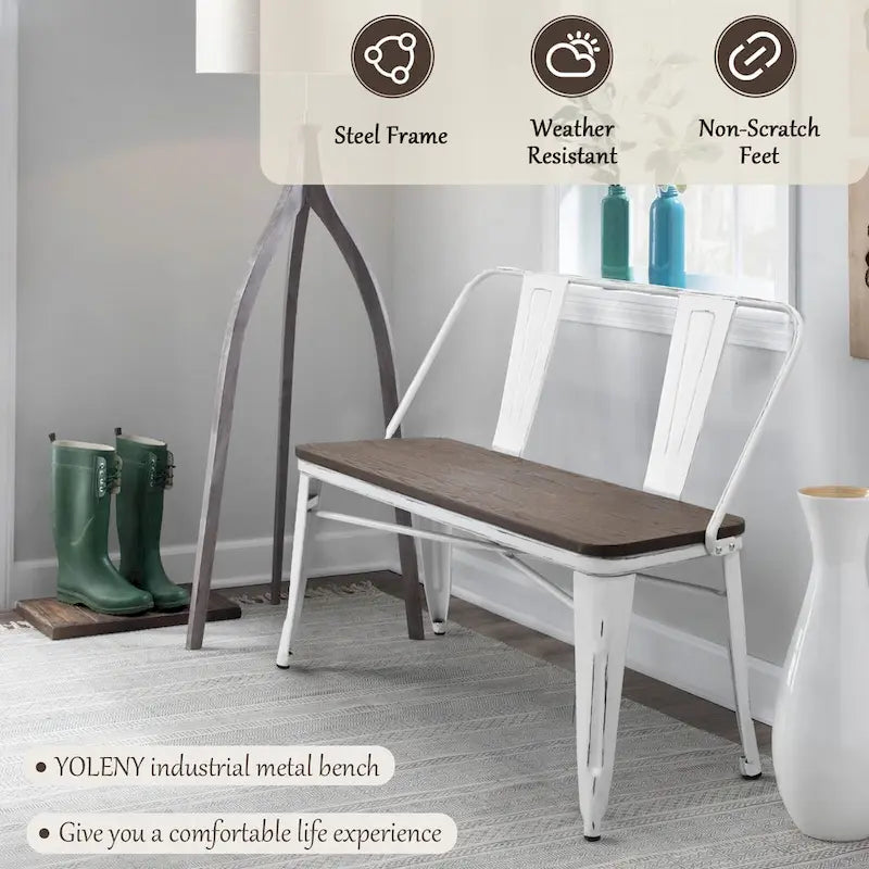 Banc de salle à manger, banc d'entrée avec dossier, banc de salle à manger en métal style ferme, banc 3 places style industriel milieu du siècle, assise en bois