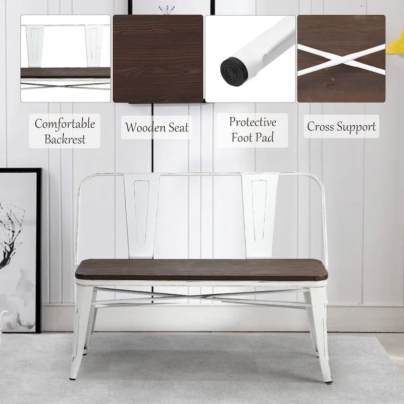 Banc de salle à manger, banc d'entrée avec dossier, banc de salle à manger en métal style ferme, banc 3 places style industriel milieu du siècle, assise en bois