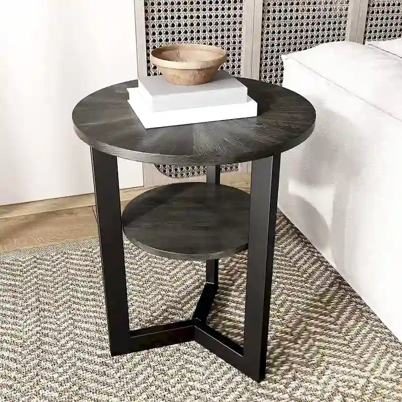 Table d'appoint ronde à 2 niveaux en bois massif - 487 x 61 cm