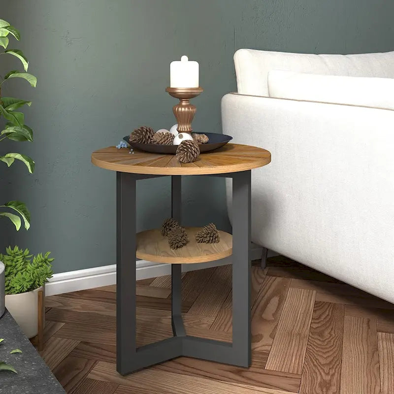 Table d'appoint ronde à 2 niveaux en bois massif - 487 x 61 cm