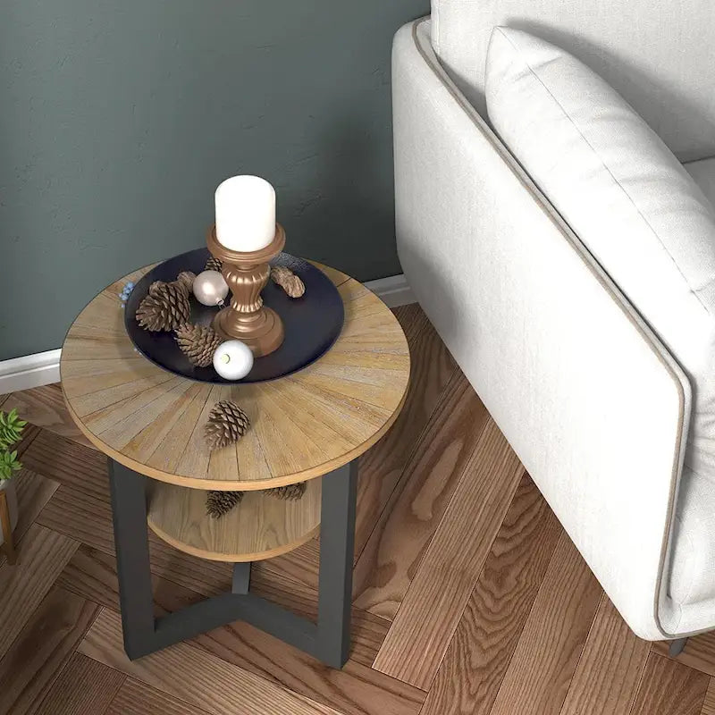 Table d'appoint ronde à 2 niveaux en bois massif - 487 x 61 cm