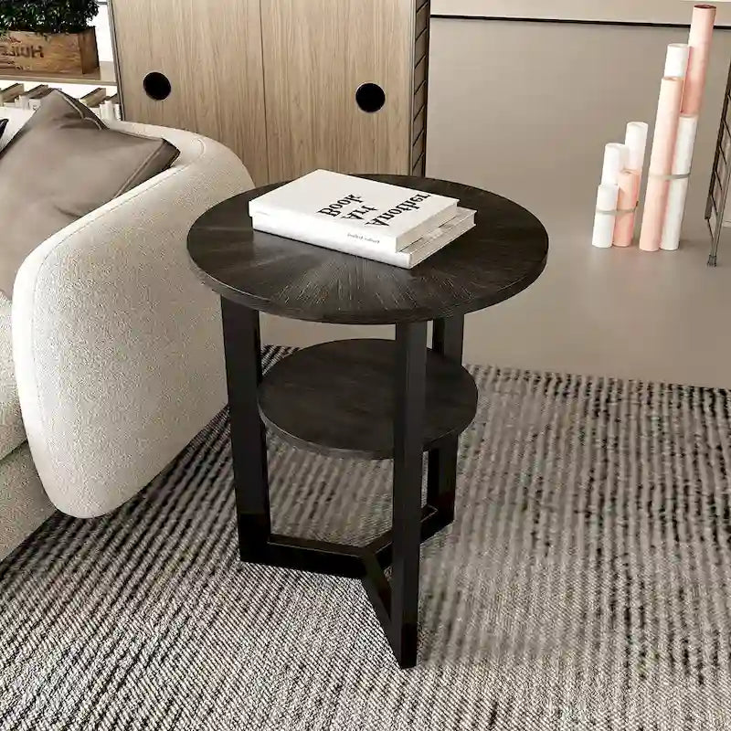Table d'appoint ronde à 2 niveaux en bois massif - 487 x 61 cm