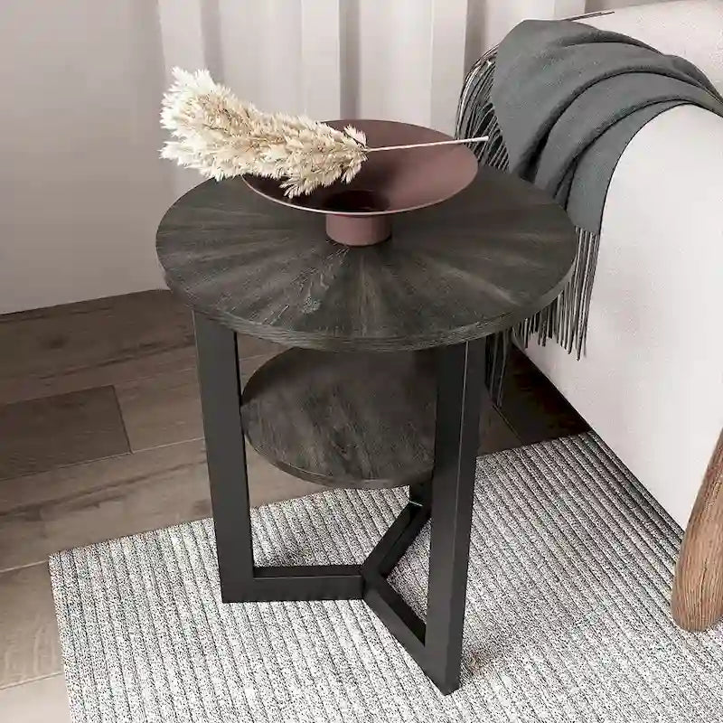 Table d'appoint ronde à 2 niveaux en bois massif - 487 x 61 cm