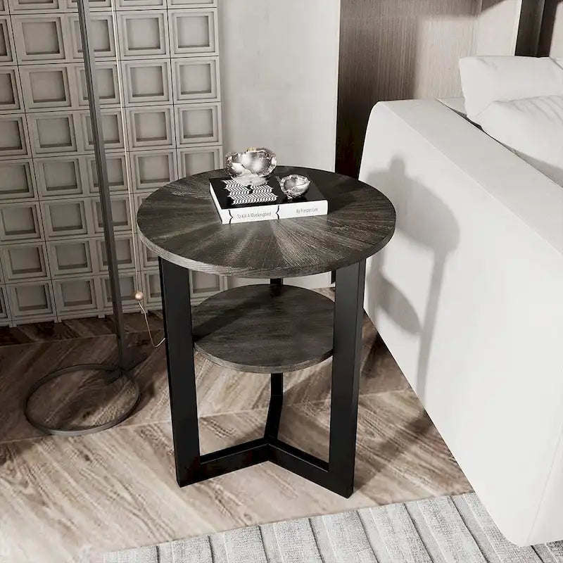 Table d'appoint ronde à 2 niveaux en bois massif - 487 x 61 cm