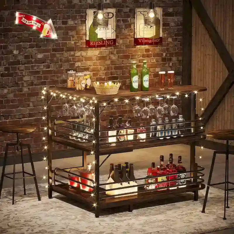Meuble bar d'angle en forme de L, table de bar à 3 niveaux avec porte-verres à vin, meuble bar à vin d'angle pour la maison, la cuisine ou le pub