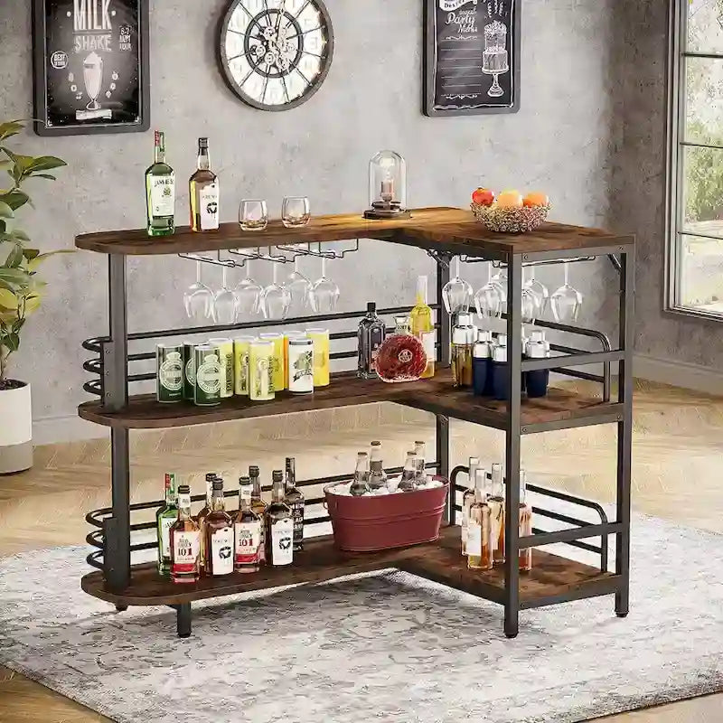 Meuble bar d'angle en forme de L, table de bar à 3 niveaux avec porte-verres à vin, meuble bar à vin d'angle pour la maison, la cuisine ou le pub
