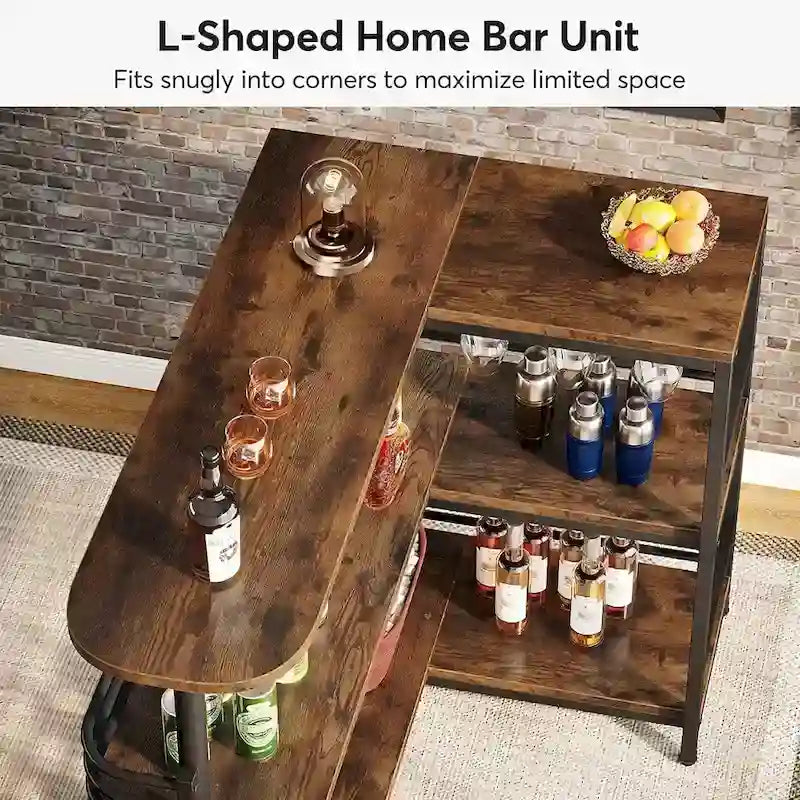 Meuble bar d'angle en forme de L, table de bar à 3 niveaux avec porte-verres à vin, meuble bar à vin d'angle pour la maison, la cuisine ou le pub
