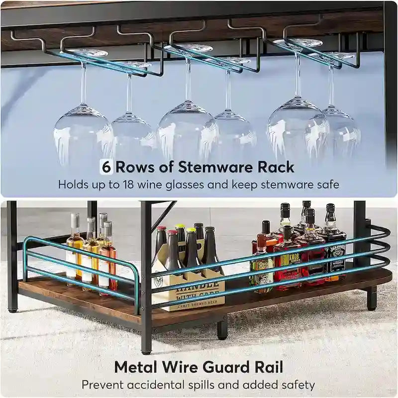 Meuble bar d'angle en forme de L, table de bar à 3 niveaux avec porte-verres à vin, meuble bar à vin d'angle pour la maison, la cuisine ou le pub