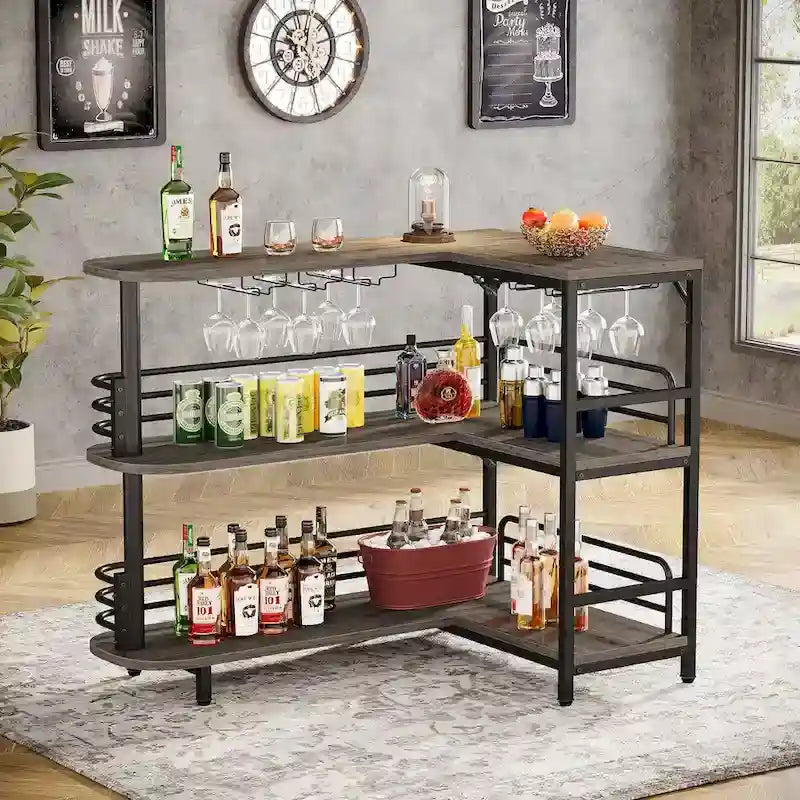 Meuble bar d'angle en forme de L, table de bar à 3 niveaux avec porte-verres à vin, meuble bar à vin d'angle pour la maison, la cuisine ou le pub