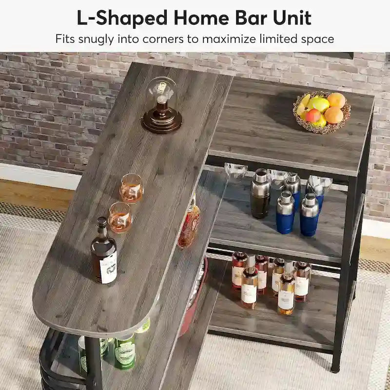 Meuble bar d'angle en forme de L, table de bar à 3 niveaux avec porte-verres à vin, meuble bar à vin d'angle pour la maison, la cuisine ou le pub