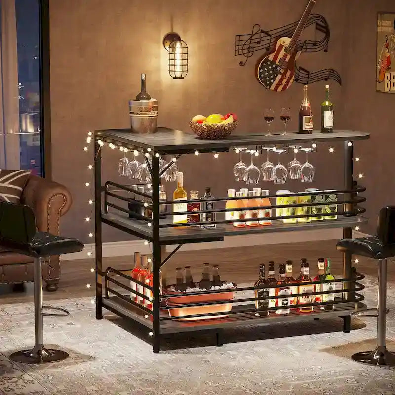 Meuble bar d'angle en forme de L, table de bar à 3 niveaux avec porte-verres à vin, meuble bar à vin d'angle pour la maison, la cuisine ou le pub