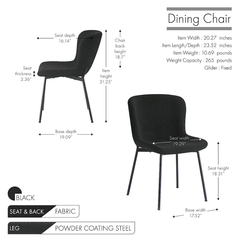 Ensemble de 2 chaises de salle à manger Porthos Home Lance, revêtues de tissu et dotées de pieds en acier.
