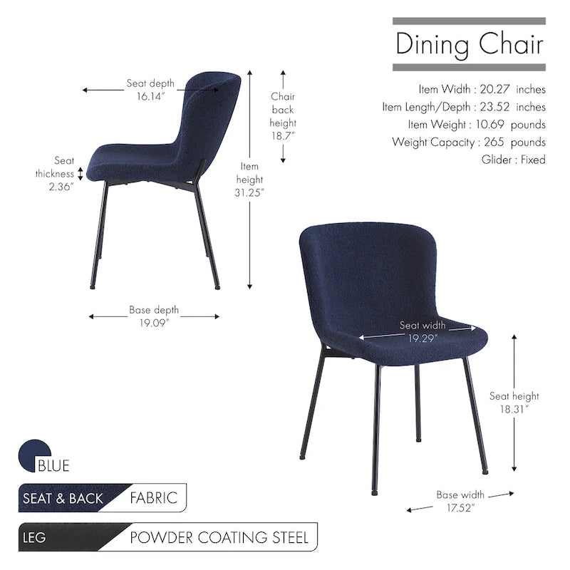 Ensemble de 2 chaises de salle à manger Porthos Home Lance, revêtues de tissu et dotées de pieds en acier.