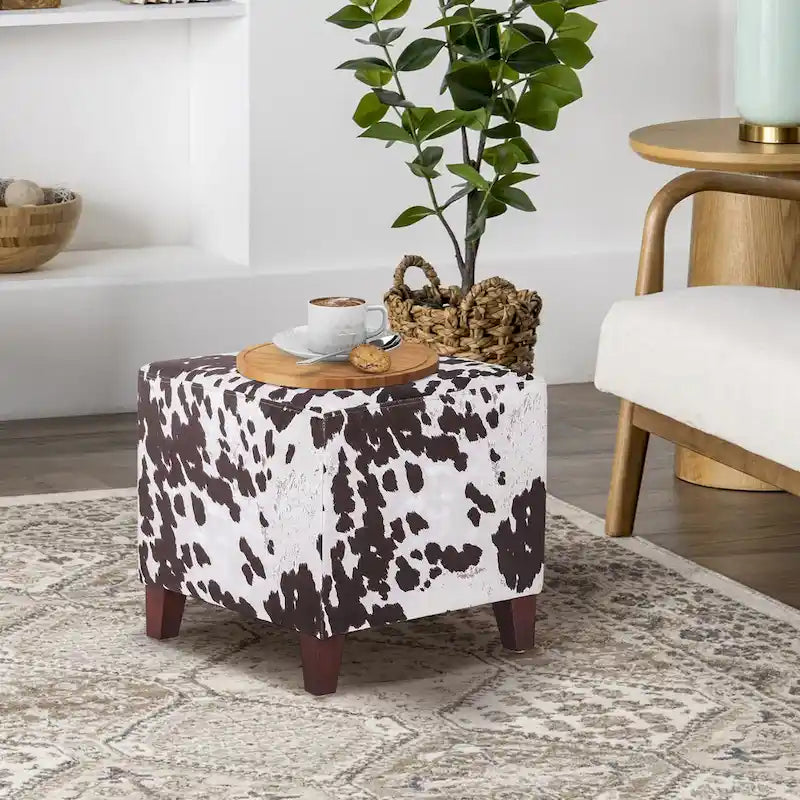 Pouf cube style britannique Adeco à motif vache, repose-pieds élégant