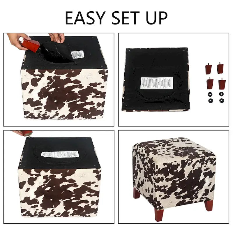 Pouf cube style britannique Adeco à motif vache, repose-pieds élégant