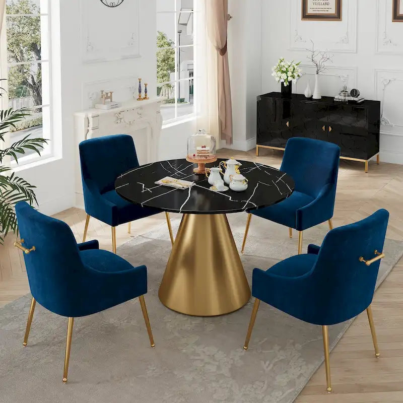 Ensemble de salle à manger Clihome 5 pièces avec table et chaises en velours et plateau en marbre noir