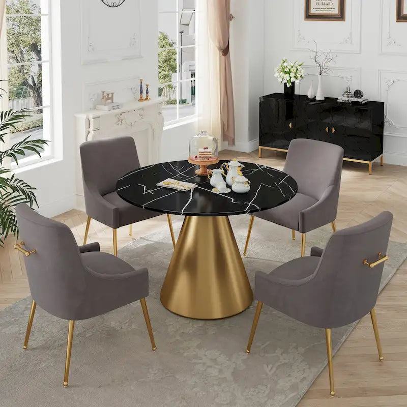 Ensemble de salle à manger Clihome 5 pièces avec table et chaises en velours et plateau en marbre noir