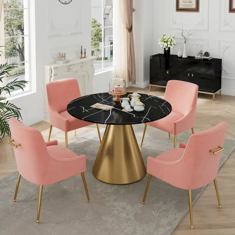 Ensemble de salle à manger Clihome 5 pièces avec table et chaises en velours et plateau en marbre noir