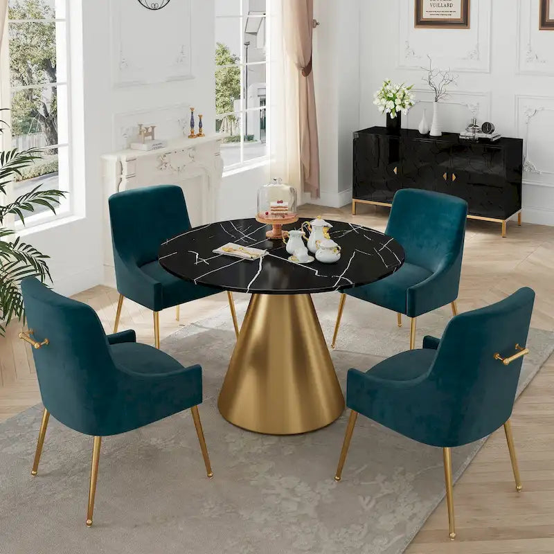 Ensemble de salle à manger Clihome 5 pièces avec table et chaises en velours et plateau en marbre noir