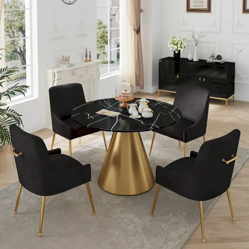 Ensemble de salle à manger Clihome 5 pièces avec table et chaises en velours et plateau en marbre noir