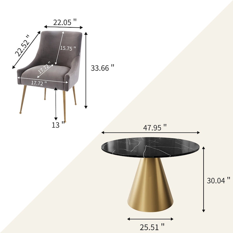 Ensemble de salle à manger Clihome 5 pièces avec table et chaises en velours et plateau en marbre noir