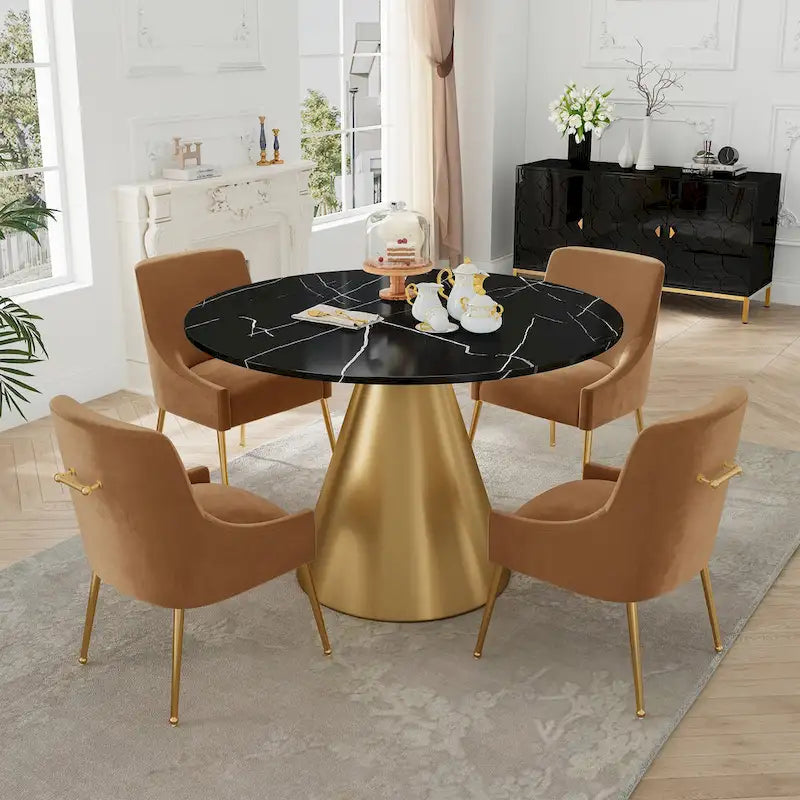 Ensemble de salle à manger Clihome 5 pièces avec table et chaises en velours et plateau en marbre noir