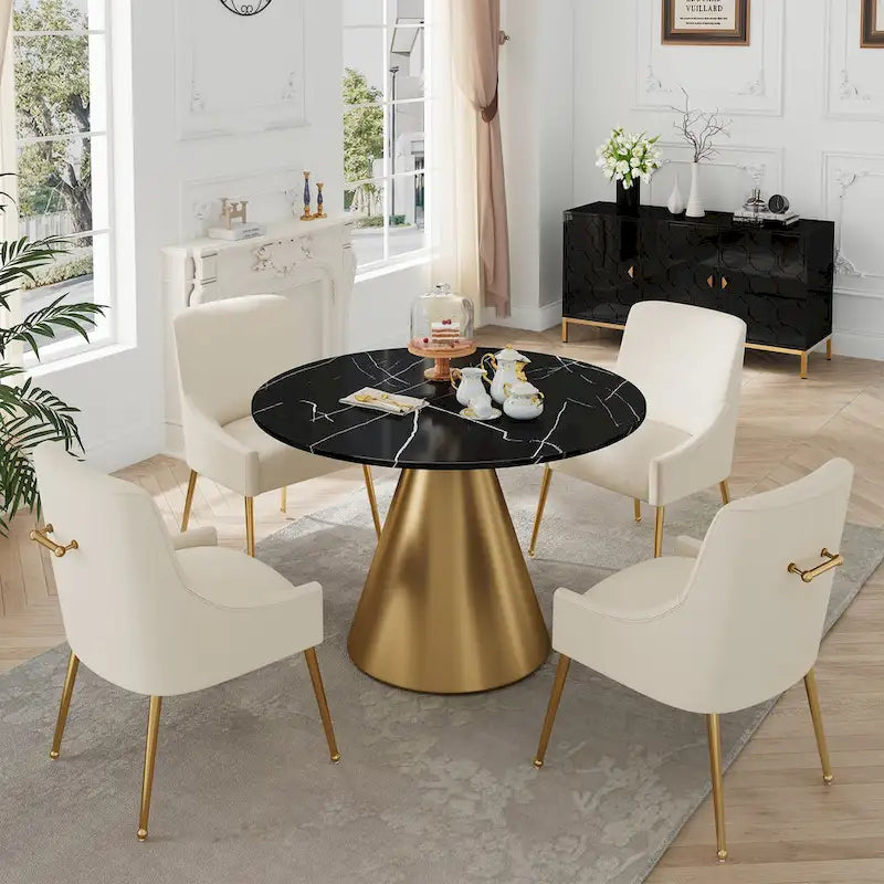 Ensemble de salle à manger Clihome 5 pièces avec table et chaises en velours et plateau en marbre noir