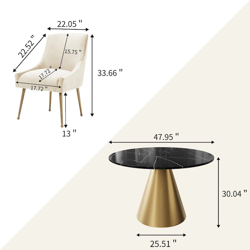 Ensemble de salle à manger Clihome 5 pièces avec table et chaises en velours et plateau en marbre noir