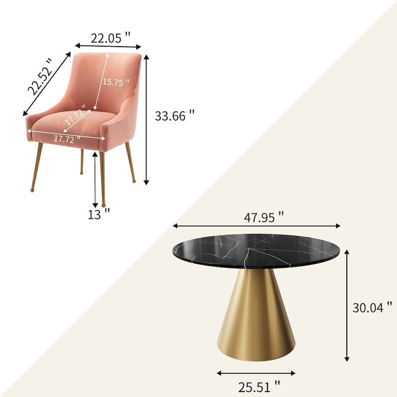 Ensemble de salle à manger Clihome 5 pièces avec table et chaises en velours et plateau en marbre noir
