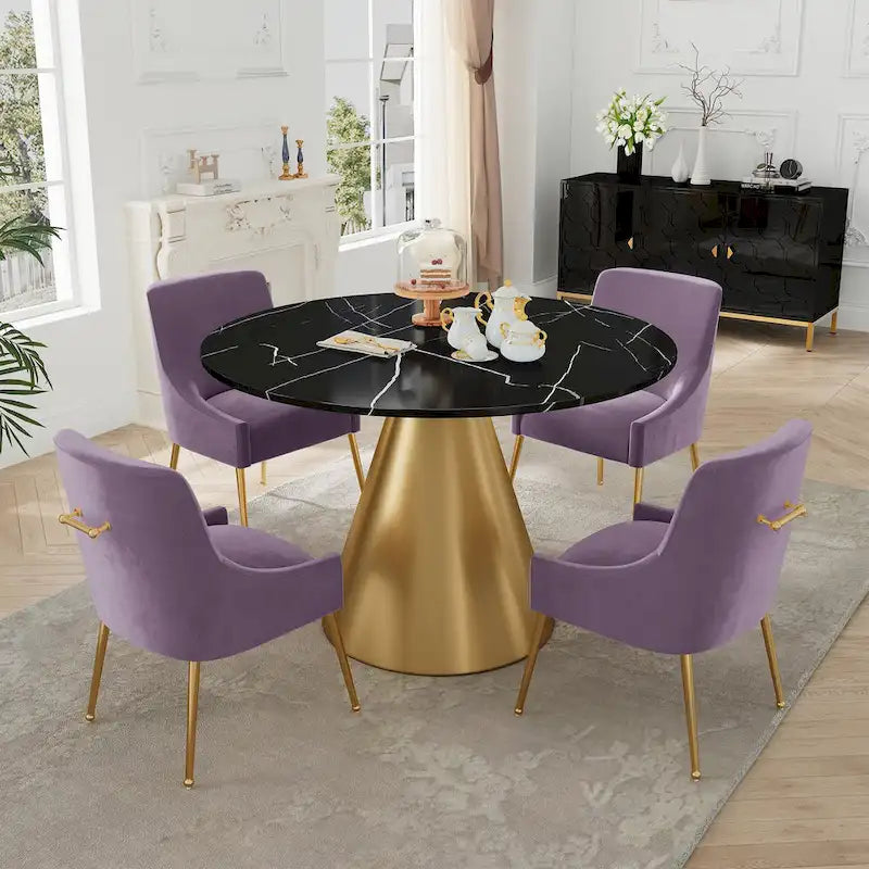 Ensemble de salle à manger Clihome 5 pièces avec table et chaises en velours et plateau en marbre noir