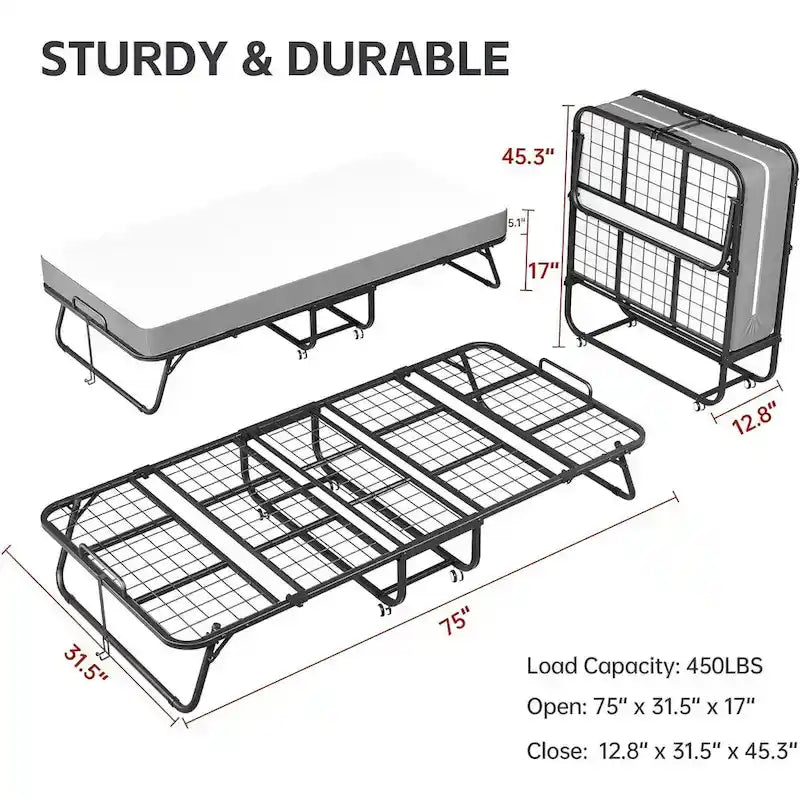 Lit d'appoint pliant 75 x 31 cm, format simple, avec matelas de 5 pouces.