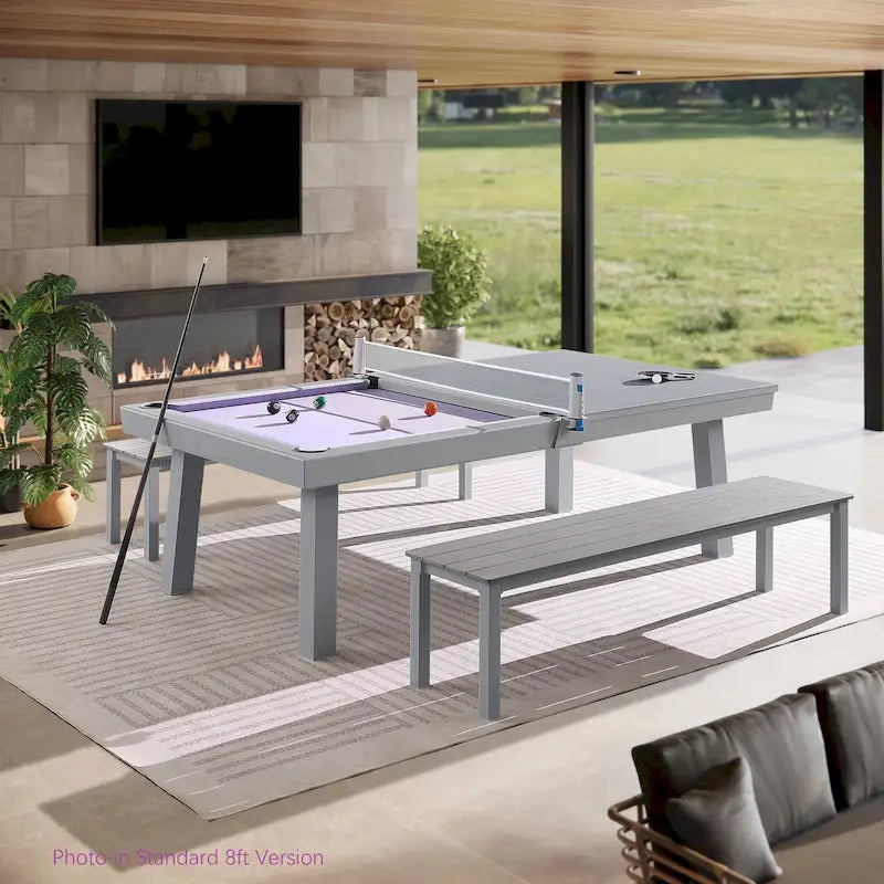 Ensemble de salle à manger Laguna avec table de billard en ardoise de 2,13 m (7 pi) pour intérieur/extérieur, 2 bancs et accessoires, finition ciment