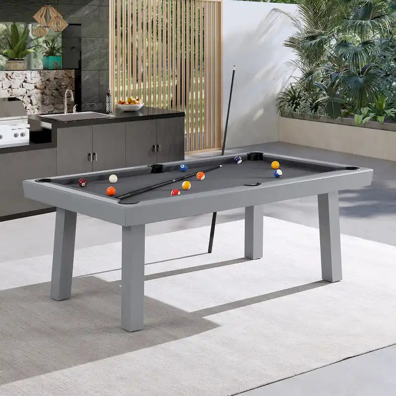 Ensemble de salle à manger Laguna avec table de billard en ardoise de 2,13 m (7 pi) pour intérieur/extérieur, 2 bancs et accessoires, finition ciment