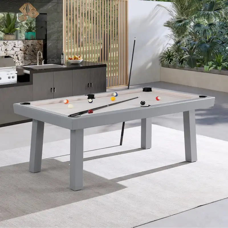 Ensemble de salle à manger Laguna avec table de billard en ardoise de 2,13 m (7 pi) pour intérieur/extérieur, 2 bancs et accessoires, finition ciment