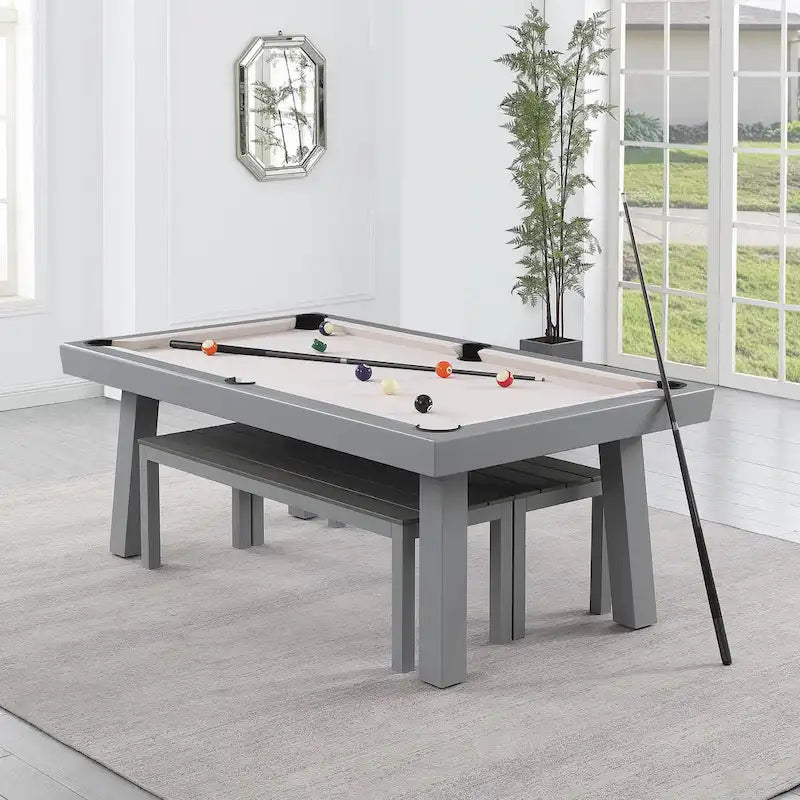 Ensemble de salle à manger Laguna avec table de billard en ardoise de 2,13 m (7 pi) pour intérieur/extérieur, 2 bancs et accessoires, finition ciment