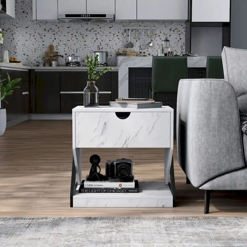 Table de chevet/d'appoint DH BASIC moderne en faux marbre blanc à 1 tiroir par Denhour