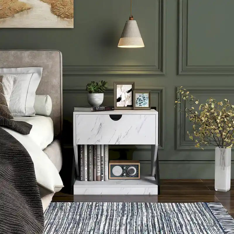 Table de chevet/d'appoint DH BASIC moderne en faux marbre blanc à 1 tiroir par Denhour