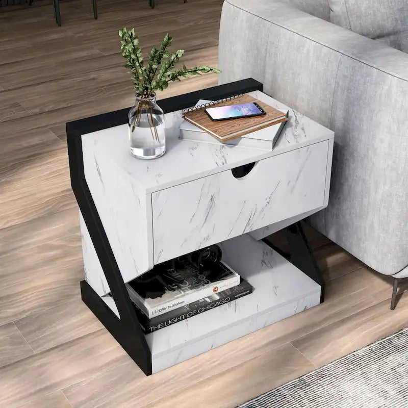 Table de chevet/d'appoint DH BASIC moderne en faux marbre blanc à 1 tiroir par Denhour