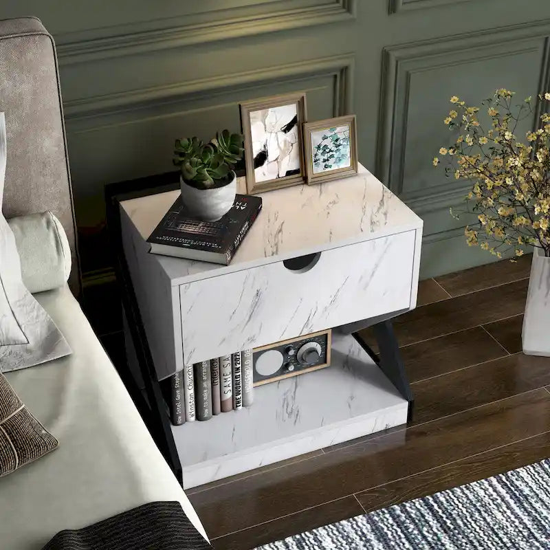 Table de chevet/d'appoint DH BASIC moderne en faux marbre blanc à 1 tiroir par Denhour
