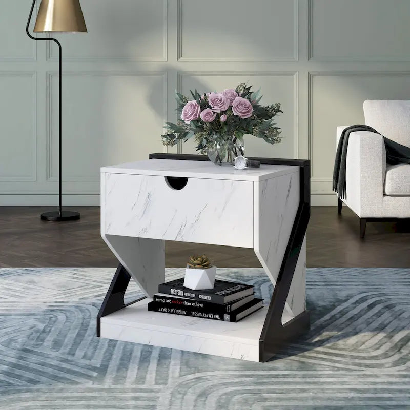 Table de chevet/d'appoint DH BASIC moderne en faux marbre blanc à 1 tiroir par Denhour
