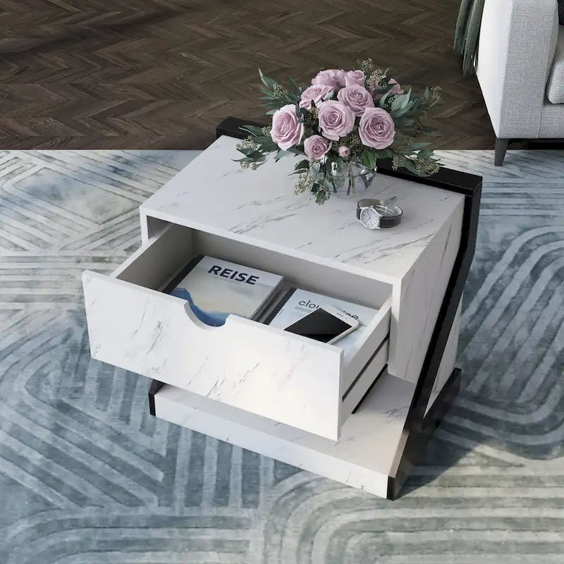 Table de chevet/d'appoint DH BASIC moderne en faux marbre blanc à 1 tiroir par Denhour
