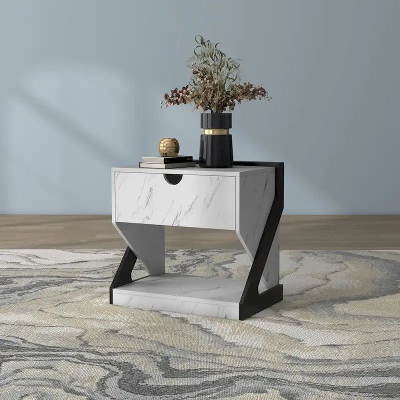 Table de chevet/d'appoint DH BASIC moderne en faux marbre blanc à 1 tiroir par Denhour