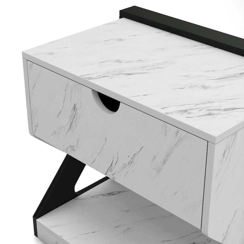 Table de chevet/d'appoint DH BASIC moderne en faux marbre blanc à 1 tiroir par Denhour