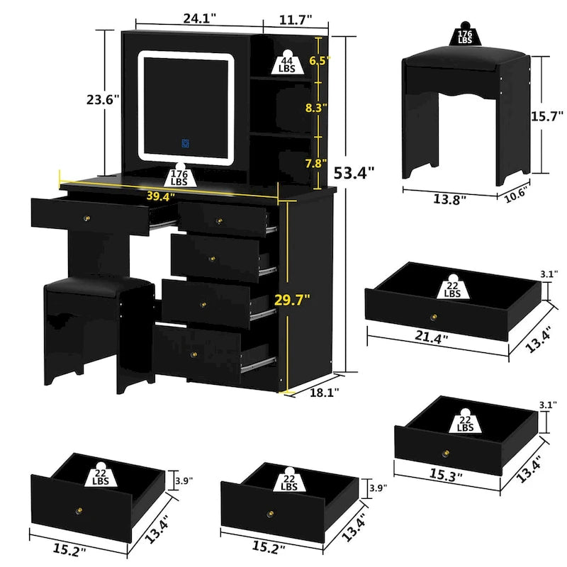 Ensemble coiffeuse avec 3 lampes et tabouret