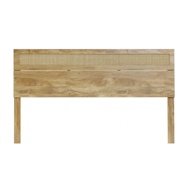 Tête de lit en bois manufacturé finition chêne avec dessus en rotin naturel, format King ou Queen