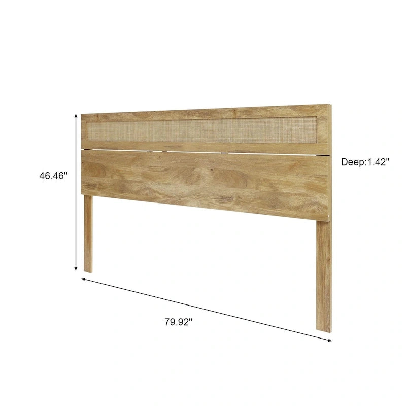 Tête de lit en bois manufacturé finition chêne avec dessus en rotin naturel, format King ou Queen