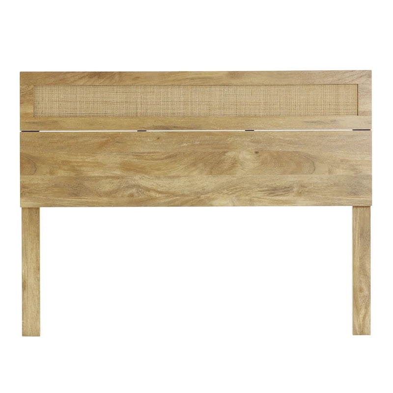 Tête de lit en bois manufacturé finition chêne avec dessus en rotin naturel, format King ou Queen