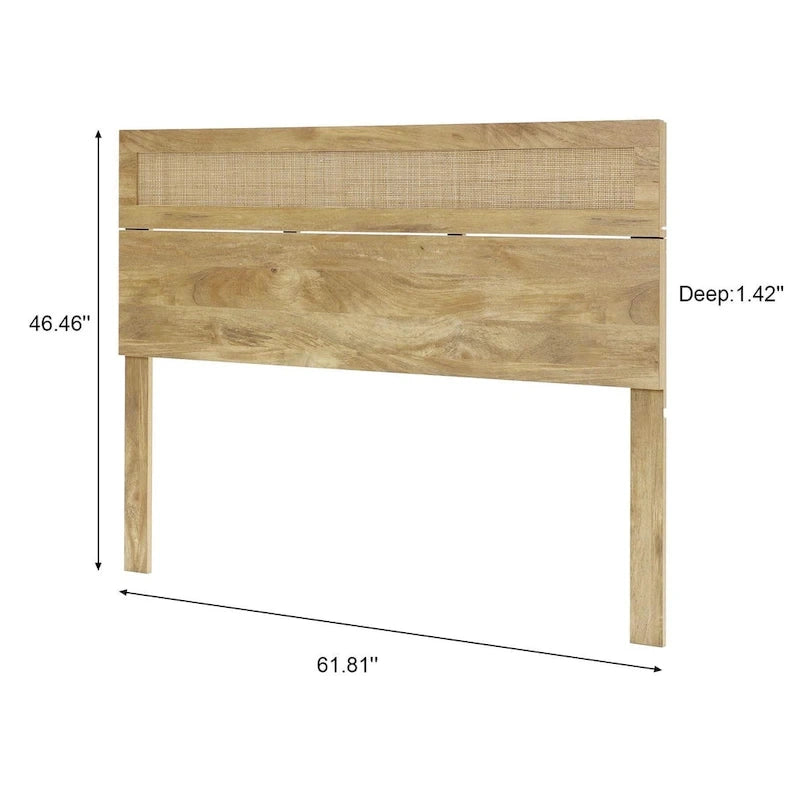 Tête de lit en bois manufacturé finition chêne avec dessus en rotin naturel, format King ou Queen